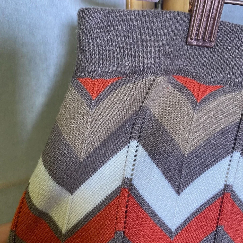 Retro Y2K Small Chevron Knit A-Line‎ Skirt Brown Orange Cream Zig Zag Boho Short